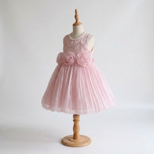 Robe de princesse lumineuse personnalisée pour bébés filles, rose poudré, col perlé, rosette 3D, tulle plissé, pour mariage ou baptême - Product Image 1