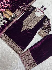 Surat Suit Pure Heavy Viscose Velvet Floor-Length Modern Kurta / <b>Kurti</b> Women Full Sleeve Heavy Embroidery Fancy Party Ready Wear - Product Image 5