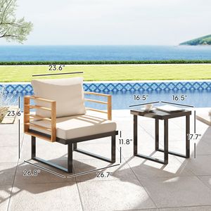 Set Bistrot in Metallo a 3 Pezzi con Cuscini Beige, Poltrone e Tavolo a Doghe per Patio, Balcone e Giardino - Product Image 3