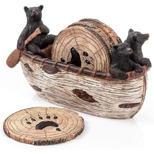 Juego de 6 Posavasos Rústicos de Oso Negro, Figuras Hechas a Mano de Tamaño Completo, Adorable Diseño de Cabaña de Madera, Juego de Posavasos Promocionales - Product Image 1