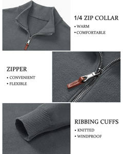 Sweat-shirt classique à capuche et quart de zip en maille, gris anthracite élégant, 100 % coton molletonné, pour l'hiver, avec col montant côtelé et ourlet régulier - Product Image 4