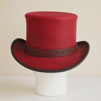 Chapeau haut de forme en cuir rouge fait main de qualité supérieure, sur mesure, avec bande à œillets, style gothique steampunk