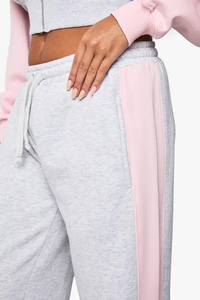 Unique Design Pink Women's Contrast Side Panel Straight Joggers Terry Fleece Soft Winter Sweatpants 100% Cotton Drawstring - Product Image 2