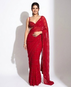 Women's <b>Red</b> <b>Saree</b> With Embellished Blouse Traditional Wedding And Party Wear From Indian Supplier - Product Image 1