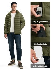 Men's Casual Solid Lightweight <b>Fleece</b> <b>Lined</b> 100% Polyester Hooded Puffer <b>Jacket</b> Windproof Insulated Winter Coat Zip-Up Front - Product Image 6