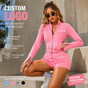 Ensemble de survêtement personnalisé de qualité supérieure pour femme, avec logo brodé et imprimé, comprenant un sweat à capuche court zippé et un pantalon, style streetwear délavé à l'acide, en toile. - Product Image 3