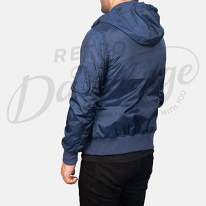 Men Navy Blue Hooded Bomber <b>Jacket</b> Windproof Casual Flight <b>Jacket</b> with Detachable Hood and Sleeve Zipper Pocket - Product Image 2