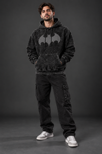 Sweat à capuche noir délavé pour homme, imprimé graphique personnalisé chauve-souris, pull oversize streetwear en molleton, mode décontractée, vente en gros - Product Image 6