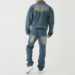 Veste en jean décontractée brodée coupe oversize coupe-vent à épaules tombantes pour homme, noire délavée, 100 % coton, hiver - Product Image 3