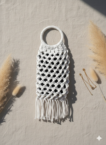 Sac fourre-tout en crochet blanc avec poignée circulaire et franges à pompons, sac cadeau écologique - Product Image 5
