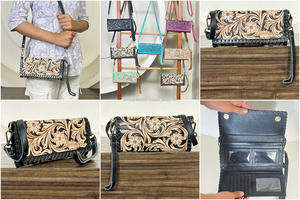 Nouvelle Tendance Mode : Mini Sac à Main Pochette en Cuir Véritable de Vache, Motif Floral Gravé à la Main, Portefeuille Trifold Bandoulière avec Dragonne pour Femme - Product Image 3