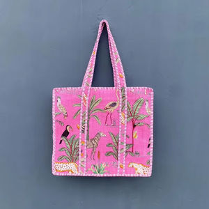 Bolso Tote Abierto Acolchado de Algodón con Correa para el Hombro, Estampado de Jungla, Estilo Boho, Capacidad de 1-1.9L - Product Image 1