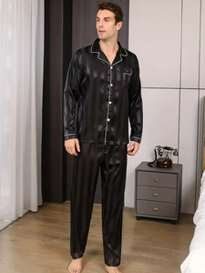 <b>Men's</b> Casual Home Wear Two Pieces Sleepwear <b>Set</b> Long Sleeve Button Shirt Top Long Pants Loungewear <b>Men's</b> Ice Silk <b>Pajamas</b> <b>Set</b> - Product Image 5