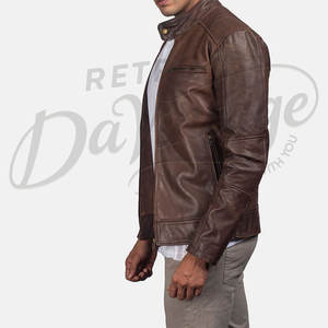 เสื้อแจ็คเก็ตหนังแกะแท้สีน้ำตาลทรงคาเฟ่เรเซอร์สำหรับผู้ชาย ทรงเข้ารูป สวมใส่สบาย เหมาะสำหรับฤดูใบไม้ร่วงและฤดูหนาว  คอปกติดกระดุม  แบบลำลอง - Product Image 5