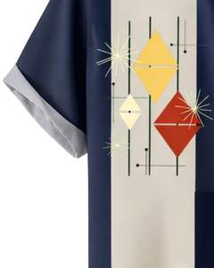 Camisa de Manga Corta con Botones y Estampado Geométrico Retro Azul Marino y Beige, Informal, de Verano, para Hombre, Fabricante OEM, Suministro al por Mayor - Product Image 6