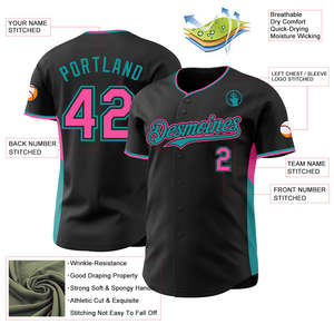 Maillot de baseball premium noir cyan rose 100% polyester maille œil-de-perdrix entièrement boutonné logo personnalisé nom de l'équipe numéro de joueur XS-7XL OEM - Product Image 3