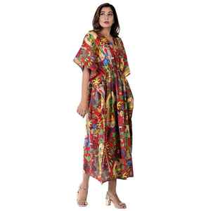 Vestido Túnica Kaftan de Algodón Kahlo Hecho a Mano, Kimono, Corte Holgado, Ropa para Mujer - Product Image 2