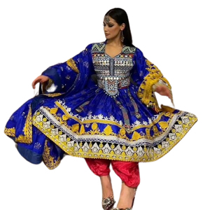 Robe longue en mousseline brodée à la main, artisanat traditionnel, colorée, avec travail de miroir, pour mariages, style afghan Kuchi - Product Image 3