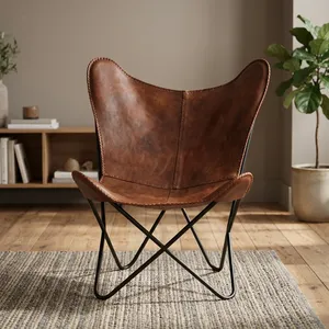 Leather Butterfly <b>Chair</b> Metal Legs Handmade Midcentury Modern Living Room Lounge <b>Chair</b> - Product Image 2