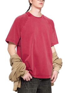 T-shirt Raglan Oversize Délavé à l'Acide Rouge Rétro Unisexe, T-shirt Raglan Épais Streetwear Vintage Délavé - Product Image 5