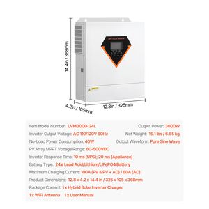Inverter Solare Ibrido 3000W Tutto-in-Uno, Convertitore di Potenza a Onda Sinusoidale Pura 24V DC 110/120V AC 100A MPPT, Potenza di Uscita 6KW 12KW - Product Image 5