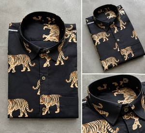 Chemise décontractée pour homme en tricot batik imprimé tigre noir, manches courtes, col rabattu, respirante, séchage rapide, écologique, été - Product Image 4