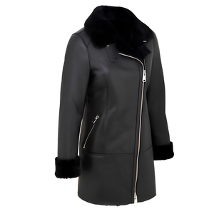 Blouson de moto personnalisé style shearling avec fermeture éclair intégrale, col garni de fourrure, doublure en soie - Fournisseur en gros pour marques privées - Product Image 3