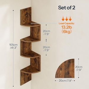Set di 2 Mensole Angolari Galleggianti a 4 Ripiani in Stile Rustico Marrone, Scaffali da Parete per Arredamento Casa - Product Image 3