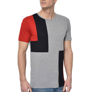 T-shirt à manches courtes pour homme, gris, rouge, noir, à blocs de couleur, col rond, décontracté, coupe régulière, tricoté, 100% coton, devant uni - Product Image 1