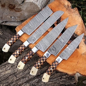 Ensemble de couteaux de cuisine en acier au carbone, 5 pièces, forgés à la main, manche en bois, durables, multifonctionnels, pour un usage quotidien - Product Image 1