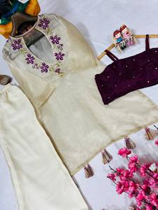 Set Kurti con ricami di paillettes su filo di organza di alta qualità, micro coppe interne, Kurti da 16 pollici, <span class=keywords><strong>pantaloni</strong></span> taglia unica, abbigliamento etnico. - Product Image 5