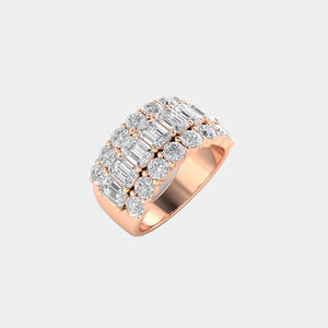 Anillo de declaración de triple fila con esmeraldas redondas de 4.30 quilates y diamantes mixtos, de oro de 14k, con diamantes cultivados en laboratorio de color D y claridad VVS, banda ancha para mujer. - Product Image 1