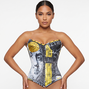Corset gainant respirant en coton non tissé à haute compression et maintien ferme, motif billet de dollar noir, avec rivets et trous - Product Image 1