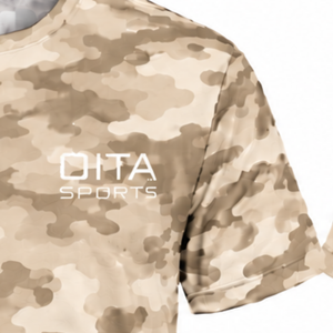 T-shirt camouflage beige pour homme, manches courtes, col rond, imprimé camouflage, léger, pour entraînement sportif, fitness, performance, vêtements de sport - Product Image 4