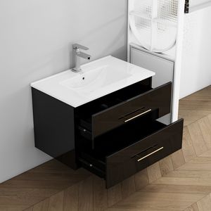 Mobile Bagno Sospeso Nero Lucido da 30 Pollici con Doppio Cassetto, Installazione Facile, Lavabo in Ceramica, Maniglia Lunga in Metallo - Product Image 6