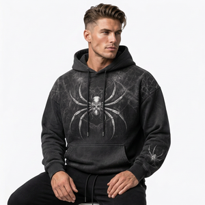 Sweat à capuche graphique personnalisé pour homme, coupe oversize, effet délavé vintage, style streetwear, motif araignée, poche kangourou, vente en gros - Product Image 4