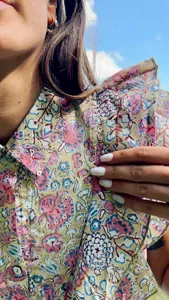 Bohemian Floral Block Print Cotton Shirt with Layered Ruffle Sleeves and Colored Neckline Casual Wear - Product Image 2