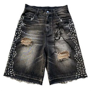 Custom Men's Black <b>Denim</b> Bermuda Shorts High Waist Ripped Design Street Style Button Fly 100% Cotton Washed Canvas <b>Material</b> - Product Image 1