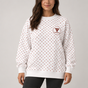 <b>Women's</b> White Crewneck <b>Sweatshirt</b> with Rust <b>Red</b> Allover Polka Dots Long Sleeve Custom Logo - Product Image 1