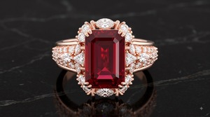 Bague en or massif 14 carats avec diamant de laboratoire rouge rubis taille émeraude et grappe de perles, certifiée IGI, pour femme, idéale pour fiançailles, fêtes et cocktails - Product Image 2
