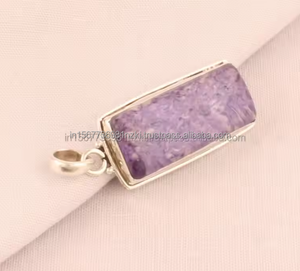 Colgante de piedras preciosas de charoita genuina, joyería bohemia de plata de ley sólida 925, colgante de charoita de forma ovalada, joyería de boda para él - Product Image 5