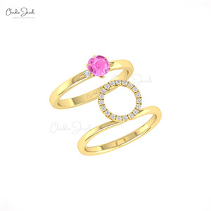Handmade 14k Solid Gold Genuine 5mm Prong Set Pink Sapphire & Diamond Anniversary <b>Stacking</b> <b>Ring</b> Verified Wholesale Supplier - Product Image 5