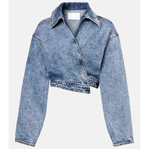 Elegant Asymmetric <b>Cropped</b> <b>Denim</b> <b>Jacket</b> Casual Washed Long Sleeves Dropped Shoulders Coats Fashion Cinched Waist Women Outwear - Product Image 3