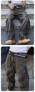 Jeans de Mezclilla para Hombre, Corte Holgado, Lavado a la Piedra, Pierna Ancha, Cintura Media, Estilo Urbano, Tela de Algodón, Temporada de Otoño - Product Image 5