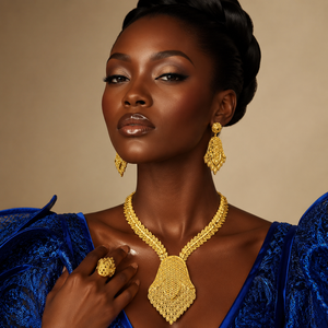 Hot Sale New 24K Gold Plated Ethiopian & Nigerian Inspired Jewelry Set Statement <b>Necklace</b>, Earrings & <b>Ring</b> for Women's - Product Image 3