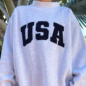 Sweat-shirt pull-over col montant à manches longues pour femme, coupe oversize, avec motif lettres USA, respirant, décontracté, hiver, vente en gros personnalisée - Product Image 1