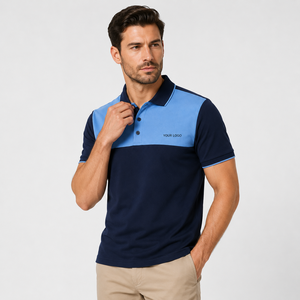 Polo pour homme à blocs de couleur, manches courtes, logo brodé sur le devant, tissu tricoté respirant, style décontracté - Product Image 1