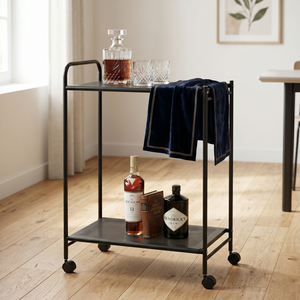 Modern 2-Tier Bar Cart With Black Steel Frame Four-Wheel Movable Storage <b>Trolley</b> For Home Use - Product Image 1