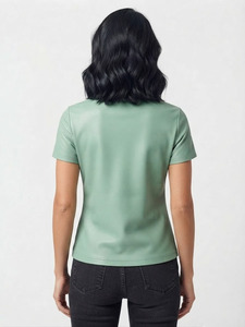 Camiseta de Cuero Genuino de Primera Calidad para Mujer, Cuello Redondo, Manga Corta, Corte Ajustado, Bolsillo Decorativo con Cremallera, Prenda de Moda - Product Image 5