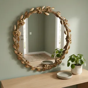 Vintage Gold Floral Round Wall Mirror with Decorative Leaf Frame Elegant Accent Mirror for Bedroom Living Room Hallway Decor - Product Image 2
